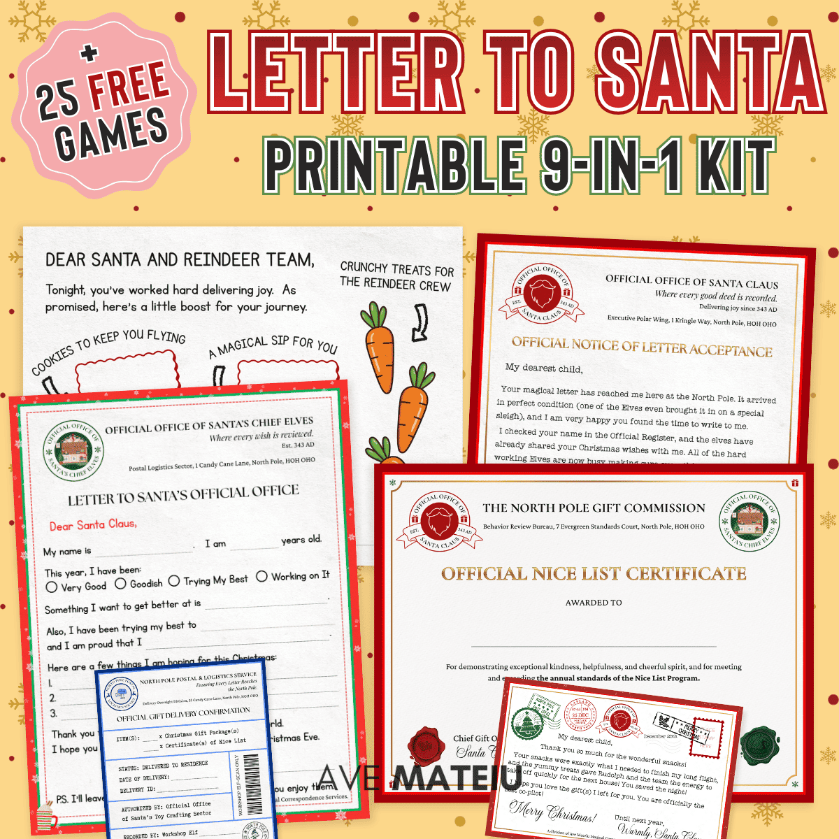 Letter to Santa Kit Printable featuring a 9-in-1 North Pole Mail Set with letters, certificates, postcards, stickers, and bonus 25 free Christmas games displayed in a festive holiday layout.