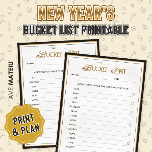 New Year's bucket list printable on a festive background with snowflakes and holiday icons. Includes prompts like "Go," "Discover," and "Plan" with checkboxes.