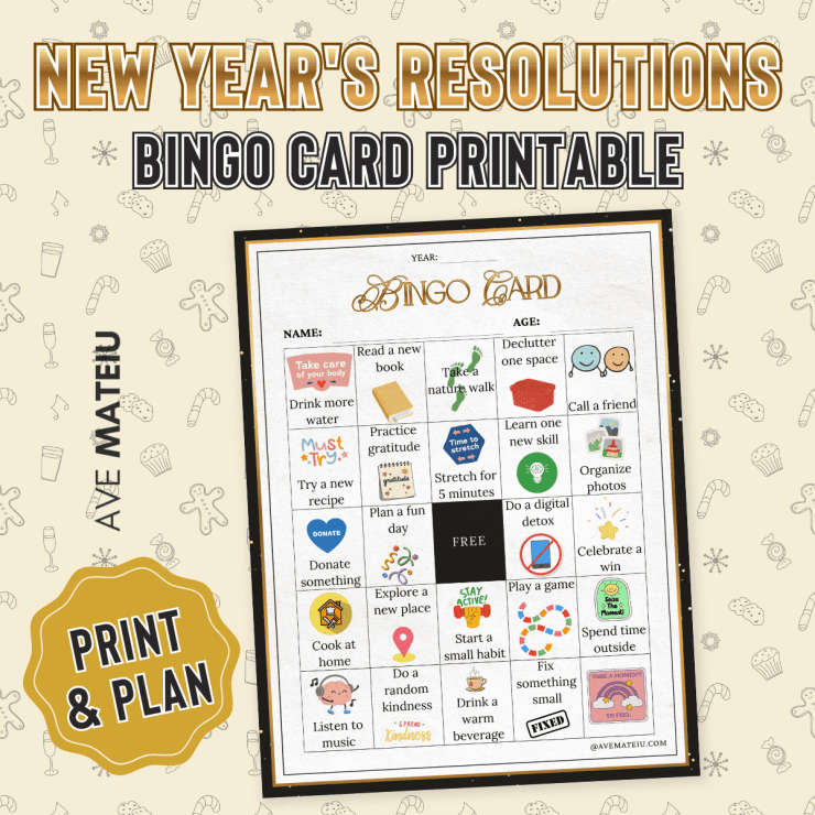 New Year's resolution bingo card on a festive background. Activities include reading, nature walks, and digital detox. Fun, motivational vibe.