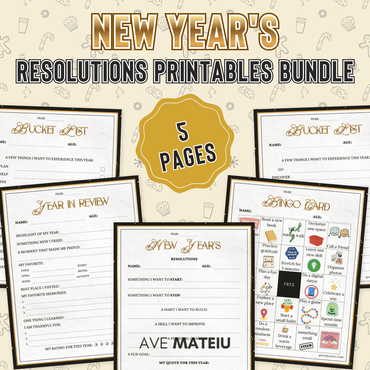 New Year's Resolutions Printables Bundle featuring five pages: Bucket List, Year in Review, Bingo Card, and Resolutions. Festive and motivational.