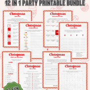 Christmas Games 12-in-1 Party Printable Bundle. Eight red-bordered pages with various festive games and activities, including dice and word search. Keywords: Christmas, party games, holiday fun.