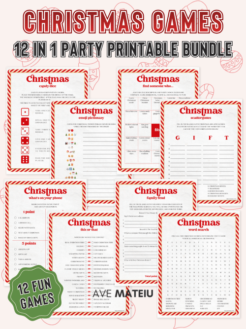 Christmas Games 12-in-1 Party Printable Bundle. Eight red-bordered pages with various festive games and activities, including dice and word search. Keywords: Christmas, party games, holiday fun.