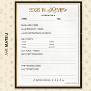 2025 Review Sheet with sections for name, age, highlights, and favorites like food and song. Background features light pattern with festive icons.