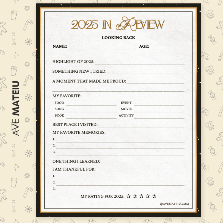 2025 Review Sheet with sections for name, age, highlights, and favorites like food and song. Background features light pattern with festive icons.