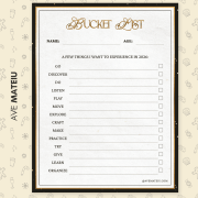 Decorative bucket list template for 2026 on a beige background with icons. Features categories like "Go" and "Explore," with checkbox lines for entries.