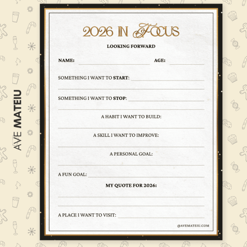 A 2026 goal-setting worksheet titled "2026 In Focus". Includes fields for name, age, things to start, stop, build habits, improve skills, set goals, and quotes.