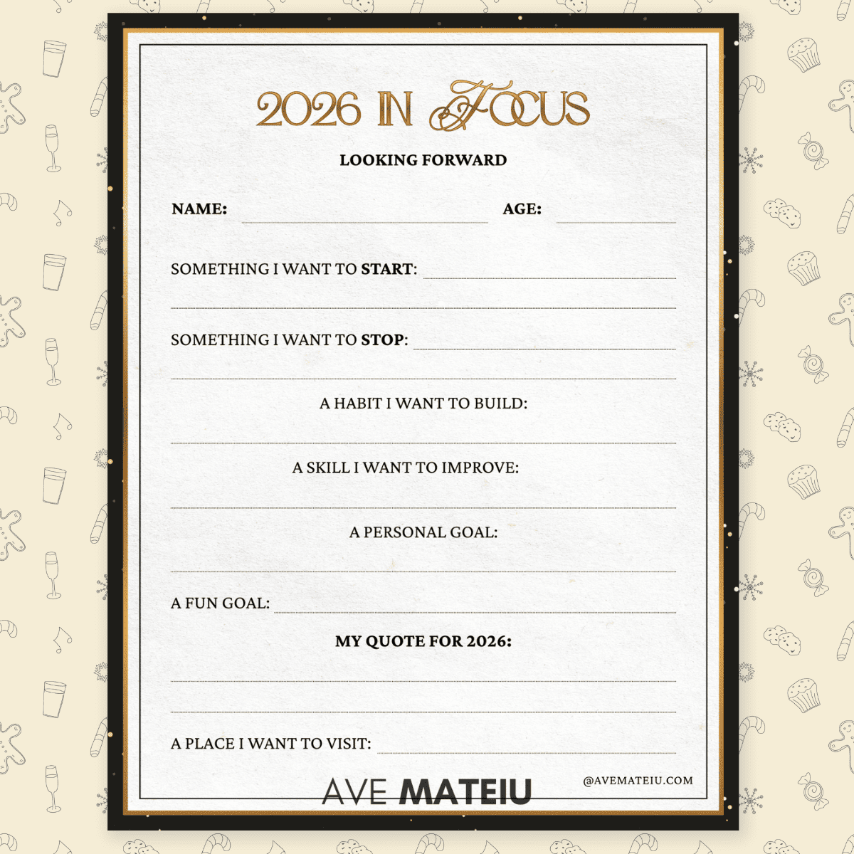 A 2026 goal-setting worksheet with sections for name, age, and prompts like 'Something I want to start,' 'A habit I want to build,' and more. The border has festive icons like snowflakes and party symbols. The tone is motivational.