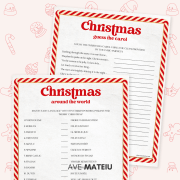 Two festive worksheets with red candy cane borders titled "Christmas Guess the Carol" and "Christmas Around the World" on a light background.