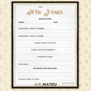 New Year's resolution template with spaces to fill in goals. Categories include starting, stopping habits, skills, and places to visit. Festive border.