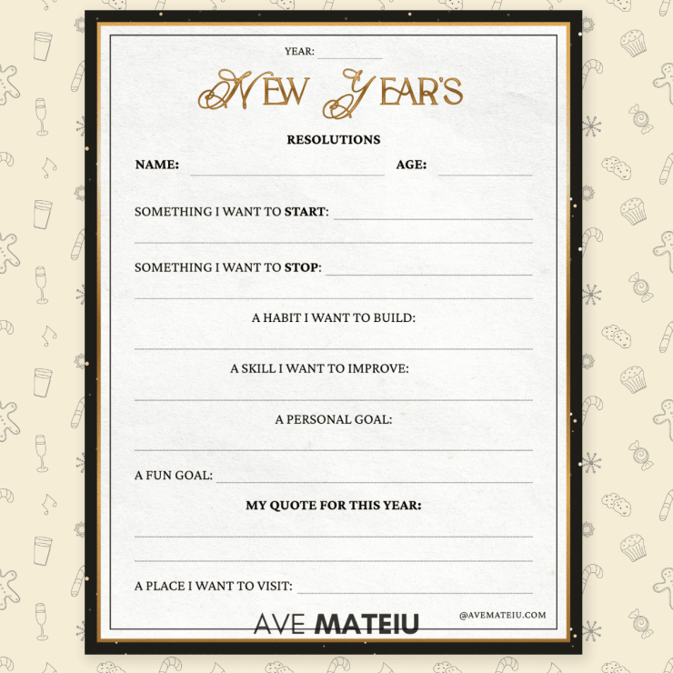 New Year's resolution template with spaces to fill in goals. Categories include starting, stopping habits, skills, and places to visit. Festive border.