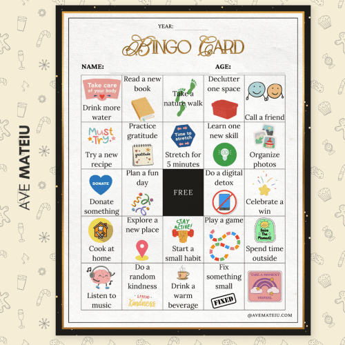 Bingo card with self-care activities like “drink more water,” “take a nature walk,” and “do a digital detox.” Decorative, motivational icons included.
