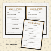2026 planning sheets titled '2026 IN FOCUS.' Each sheet includes prompts for reflection and goal setting, such as 'A skill I want to improve' and 'A fun goal.' The design features elegant typography with a black and gold border, set against a light patterned background. The tone is motivational and organized.