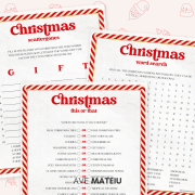 Christmas-themed game sheets with red and white candy cane borders. Includes Scattergories, a word search, and 'This or That' choices. Festive and playful design. Part of the set: Christmas Games Printable | 12 in 1 Party Bundle