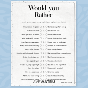 "Would You Rather" question list with choices like "sing instead of speak" or "dance everywhere you go." Playful tone on blue wavy background.