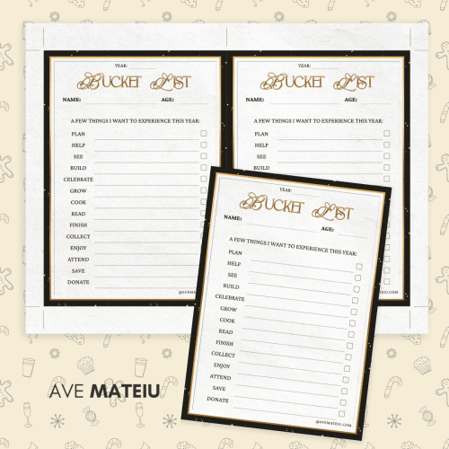 Elegant "Bucket List" template against a festive background. Includes sections for year, name, age, with checklist items like plan, help, and donate.
