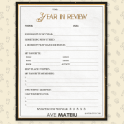 A "Year in Review" template with sections for personal reflections, favorites, and memories. It's designed to prompt reflection on the past year.