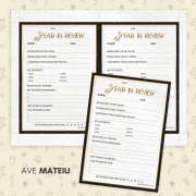 "Year in Review" templates on a festive background with doodles of candies and beverages. Includes sections for personal reflections and ratings.