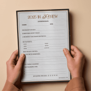 Two hands holding a worksheet titled "2025 In Review." It includes prompts for highlights, favorites, memories, and a rating system. The tone is reflective.