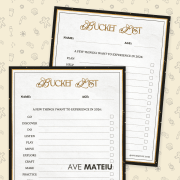 4. 2026 New Year's Bucket List Two elegant bucket list forms with ornate headers, titled "Bucket List," featuring spaces for name, age, and experiences to try in 2026. Background has festive icons.
