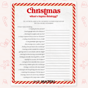 A festive "What's Santa Thinking?" worksheet with a red candy cane border. It prompts users to fill in blanks for humorous Santa scenarios, creating a playful and imaginative Christmas activity. Fun icons like hats and stockings decorate the background.