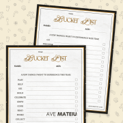 Two elegant bucket list templates with checkboxes, featuring prompts like “Plan” and “Discover,” set against a festive, light-colored background.