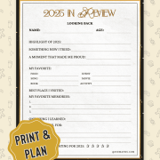 "2025 in Review" journal page with sections for highlights, new experiences, favorites, and memories. Background has playful doodles.