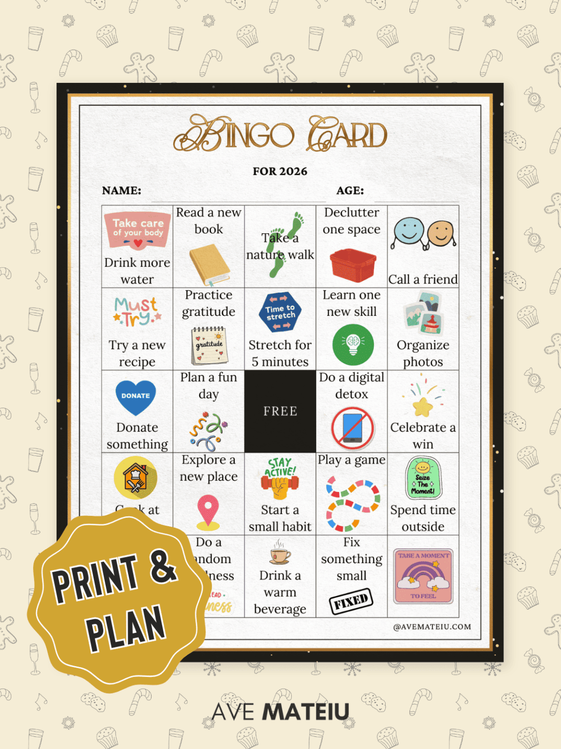 Bingo card for 2026 featuring self-care tasks like "Drink more water" and "Read a new book." Background has playful icons, with "PRINT & PLAN" badge.