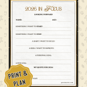 2026 planner template with sections for personal goals and self-improvement. Beige background with playful icons, and a 'Print & Plan' badge.