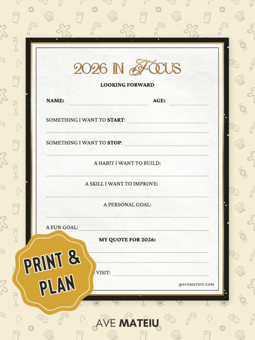 2026 planner template with sections for personal goals and self-improvement. Beige background with playful icons, and a 'Print & Plan' badge.
