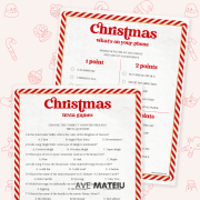 Two Christmas-themed game sheets with red candy cane borders. The games are "What's on Your Phone?" and "Christmas Trivia," featuring festive tasks and questions.