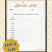 5. New Year's Bucket List Printable Bucket list template on patterned background with prompts like "Go," "Discover," and checkboxes. "Print & Plan" badge in gold. Tone: Motivational.