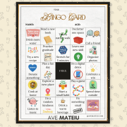 Bingo card with self-care activities like "Read a new book," "Take a nature walk," "Try a new recipe," and "Do a digital detox." Calm and encouraging.