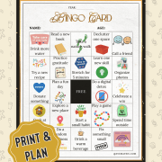 Bingo card with self-care tasks like "read a new book," "take a nature walk," and "call a friend." Background features doodles. Tone: motivational.