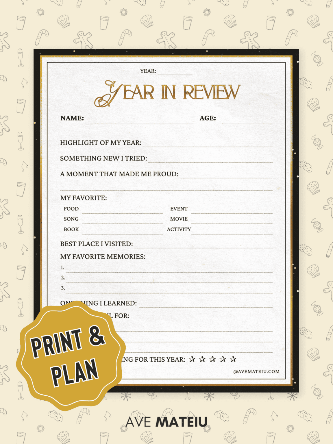Year in Review printable template with sections for personal highlights, new experiences, favorites, and memories, on a playful patterned background.