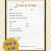 Year in Review printable template with sections for personal highlights, new experiences, favorites, and memories, on a playful patterned background.