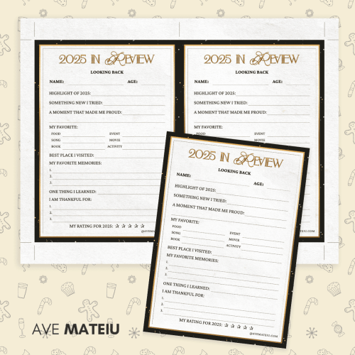 Image of '2025 in Review' reflection sheets with prompts for highlights, favorites, and memories. Beige background with festive doodles adds a cheerful touch.