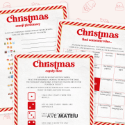 Christmas-themed game printables on a festive background. Includes emoji Pictionary, candy dice rules, and a "find someone who" activity.