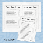 Image of a 'Never Have I Ever' game sheet featuring 15 playful prompts with checkboxes. The tone is lighthearted, aimed at sharing fun experiences.