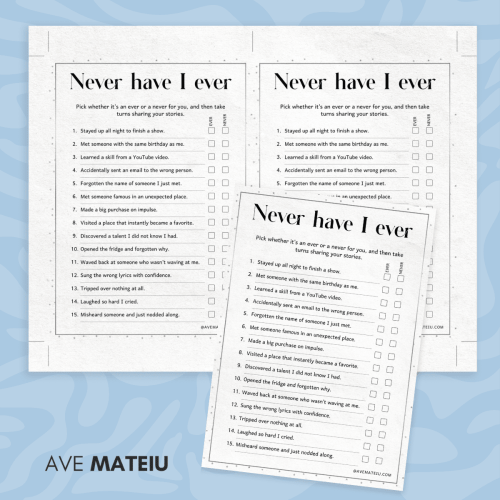 Image of a 'Never Have I Ever' game sheet featuring 15 playful prompts with checkboxes. The tone is lighthearted, aimed at sharing fun experiences.