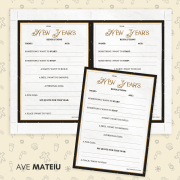 New Year's resolution templates on festive background. Forms feature prompts like "Something I want to start" and "A place I want to visit." Elegant and hopeful tone.