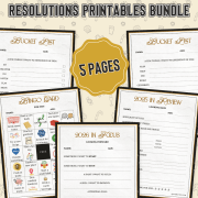 7. 2025 2026 New Year's Resolutions Printables Bundle v2 2025-2026 New Year's Resolutions Printables Bundle cover showing five pages: bucket lists, bingo card, 2025 in review, and 2026 in focus. The design is playful and motivational, featuring a large central label '5 Pages.' Keywords: resolutions, printables, New Year.