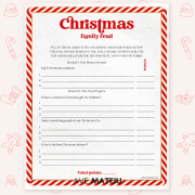 Red and white striped border frames a "Christmas Family Feud" game sheet with headings for Christmas traditions, gifts, and desserts to fill in. Festive icons are in the background.