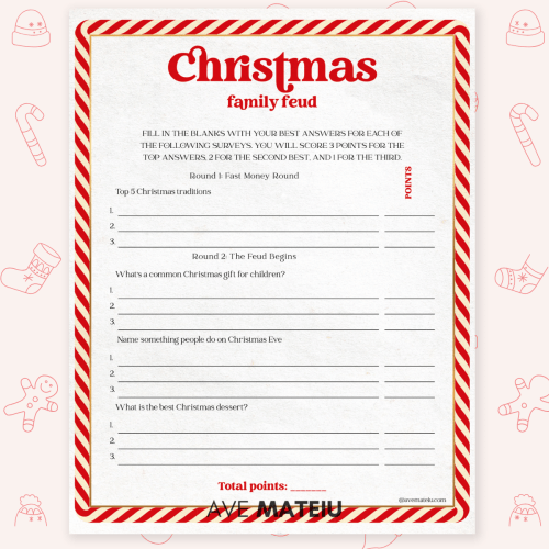 Red and white striped border frames a "Christmas Family Feud" game sheet with headings for Christmas traditions, gifts, and desserts to fill in. Festive icons are in the background.