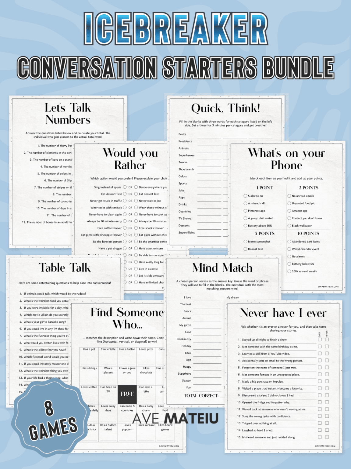Eight sheets titled "Icebreaker Conversation Starters Bundle" on a blue background. Includes games like "Let's Talk Numbers" and "Would You Rather.