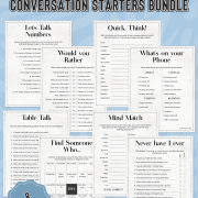 Eight sheets titled "Icebreaker Conversation Starters Bundle" on a blue background. Includes games like "Let's Talk Numbers" and "Would You Rather.
