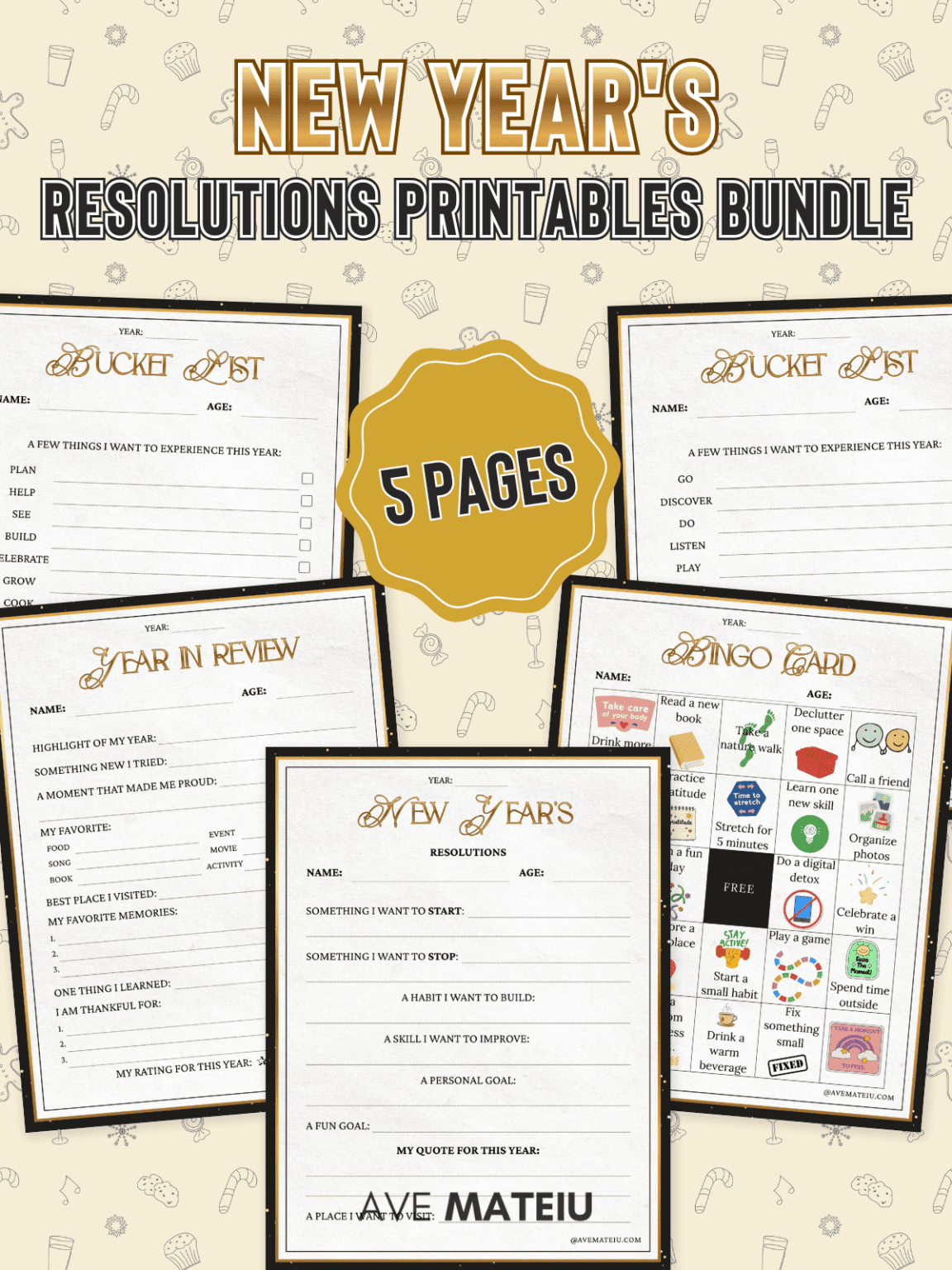 New Year's Resolutions Printables Bundle with five themed pages, including Bucket List, Year in Review, and Bingo Card, on a festive beige background.