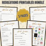 New Year's Resolutions Printables Bundle with five themed pages, including Bucket List, Year in Review, and Bingo Card, on a festive beige background.