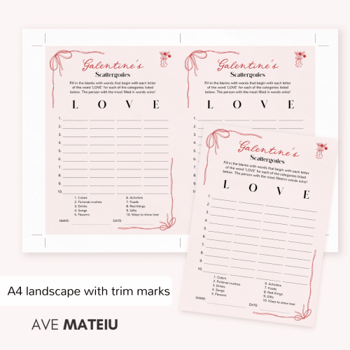 Galentine’s Day games printable in A4 landscape format with trim marks for clean trimming.