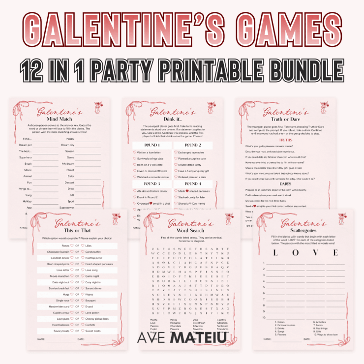 Galentine’s Day games printable bundle featuring 12 fun party games for a girls’ night celebration in a coquette cherry design theme.