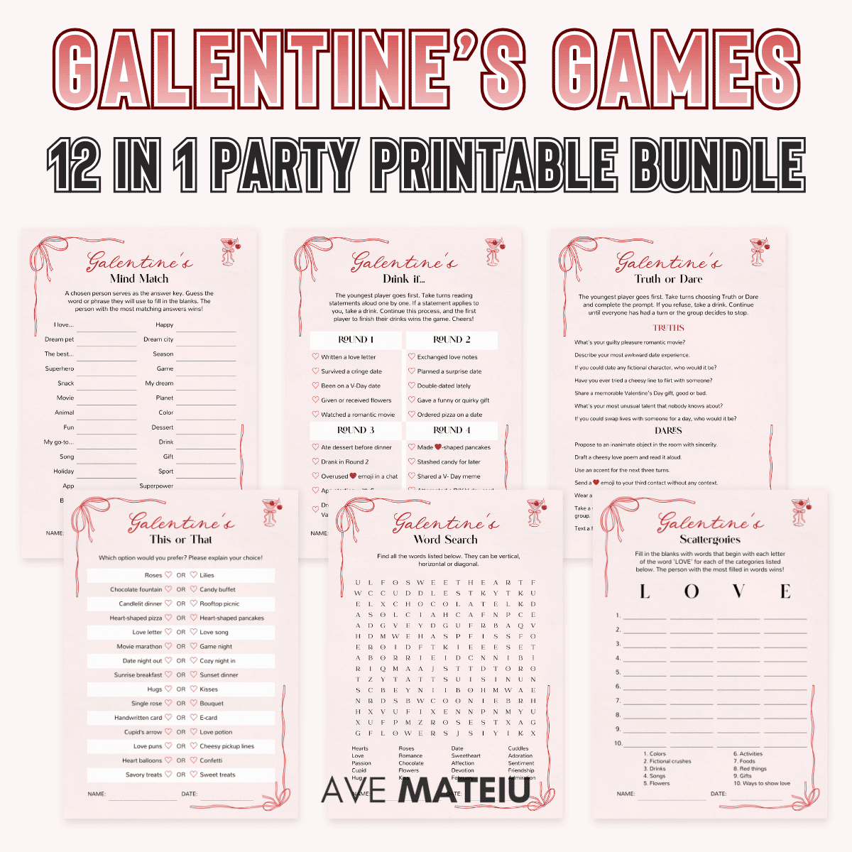 Galentine’s Day games printable bundle featuring 12 fun party games for a girls’ night celebration in a coquette cherry design theme.